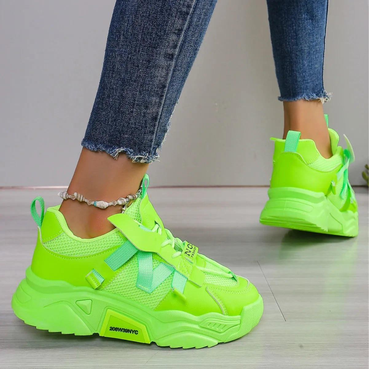 Women's platform mesh dad shoes with animal pattern, front lace-up design, available in purple, green, white, pink, yellow colours