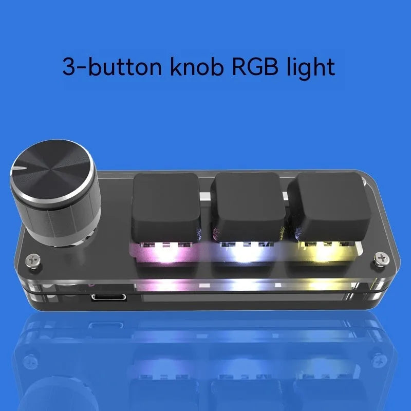 Black custom mechanical keypad with RGB backlight showing copy and paste keys, measuring 15cm wide