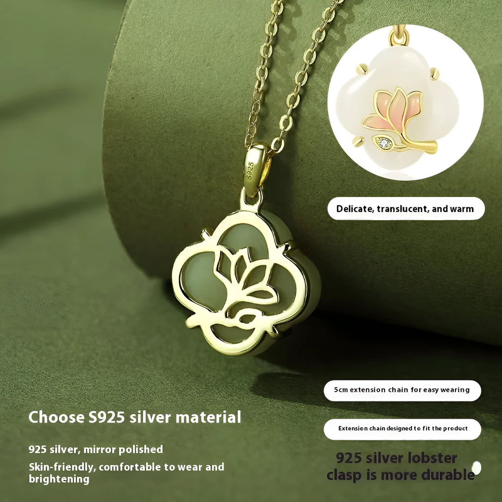 Women's S925 sterling silver necklace, bracelet, and earring set with magnolia flower pendant and inlaid Hetian jade.