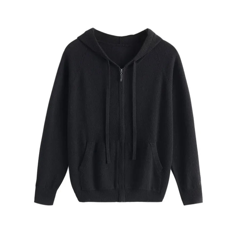 Man wearing a solid colour hooded cashmere knit cardigan with zipper front