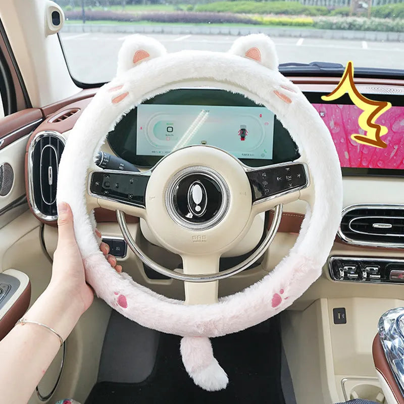 Plush thermal steering wheel cover with embroidered animal design for winter driving comfort