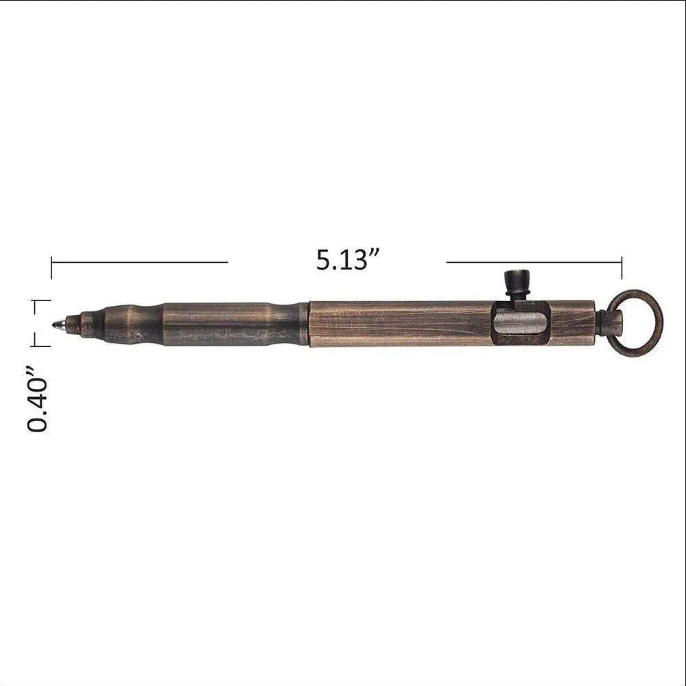Vintage brass hexagonal bolt action tactical pen in natural brass and retro black colours.