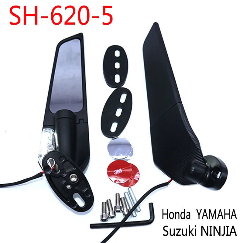 Spoiler rearview mirror for motorcycles with yellow light and convex white glass lens, aluminium alloy die-cast body