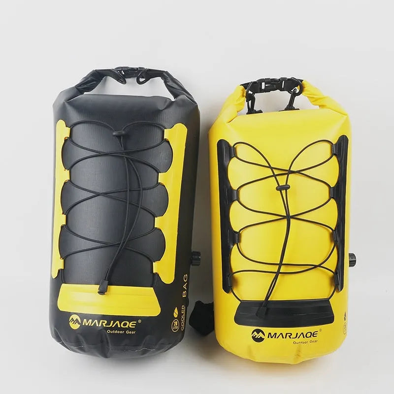 Yellow and black waterproof outdoor backpack with 20L capacity and dry-wet separation compartments.