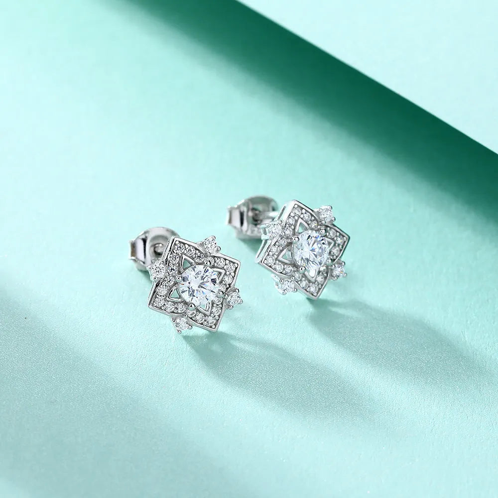 S925 sterling silver flower and star stud earrings with inlaid zircon and 4x4mm main stones in white gold colour