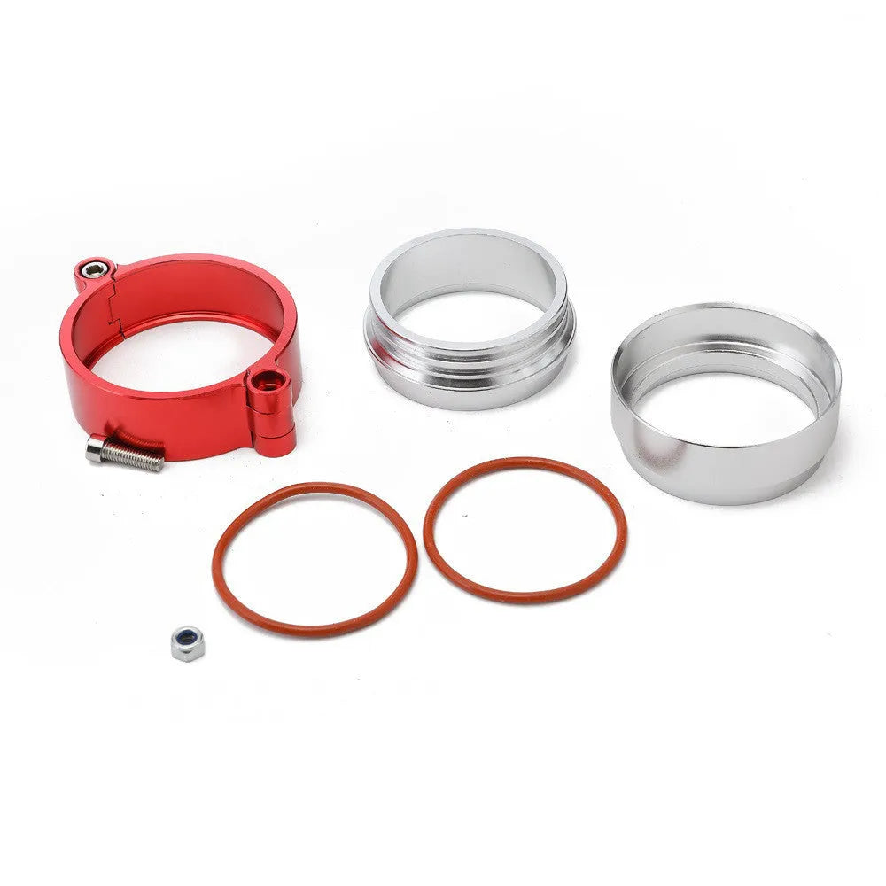 Aluminium fixed movement clamp for automotive turbine exhaust downspouts in black, blue, or red