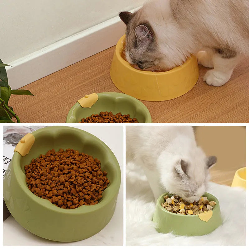 Flower-shaped green plastic double pet bowl for cat and dog food and water on a white surface.