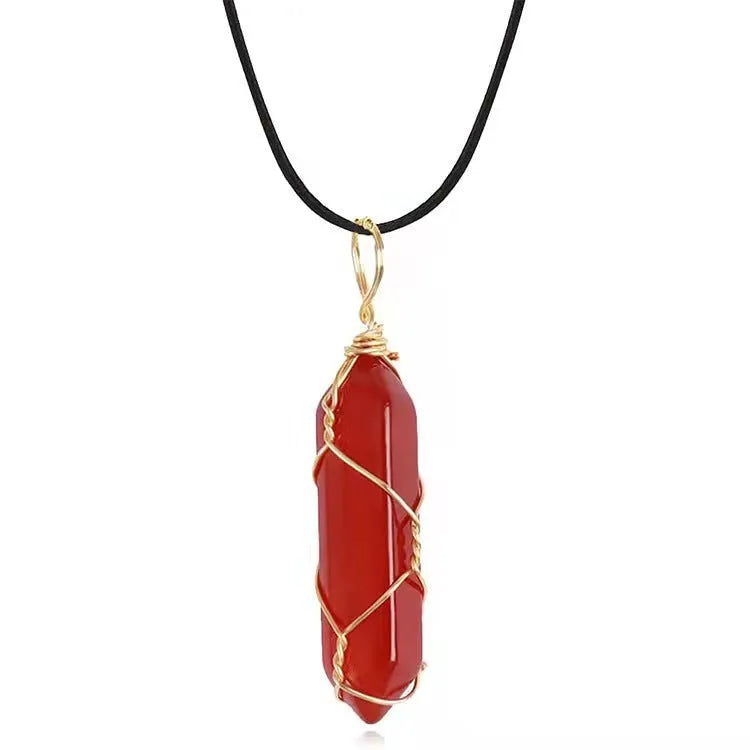 Red crystal hexagonal prism pendant necklace with copper wire winding and water wave chain in gold, white k or black wax cord