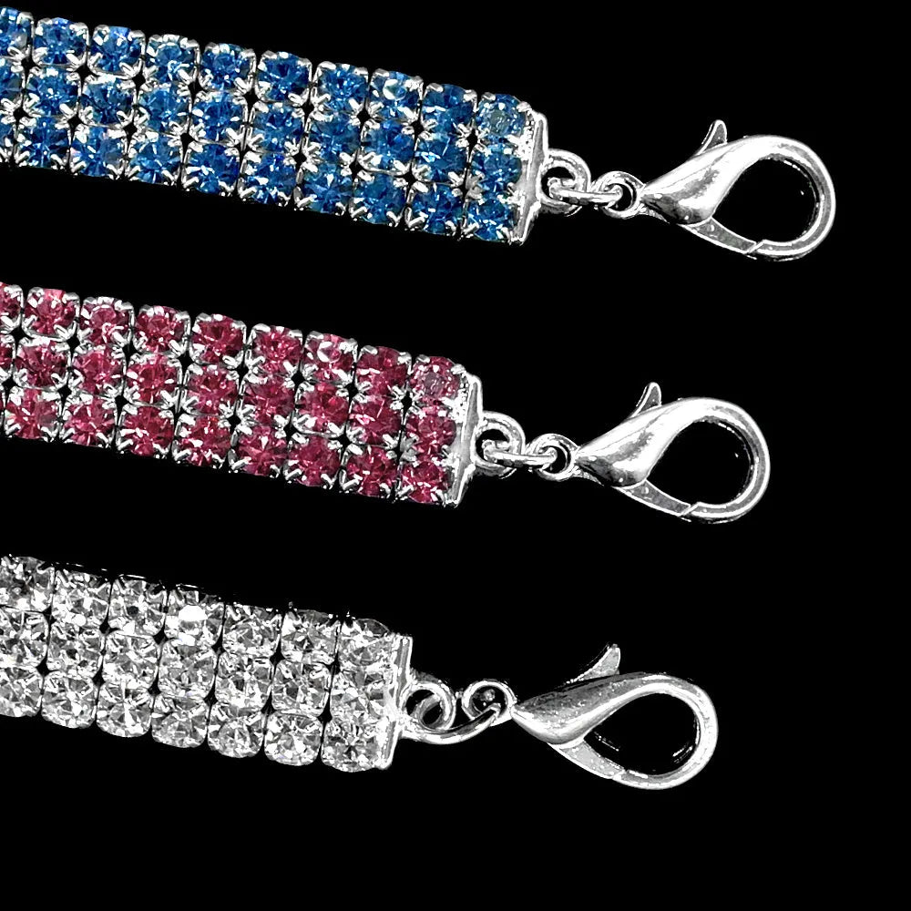 Rhinestone dog collar with crystal pendant in blue, white or pink for small dogs and cats
