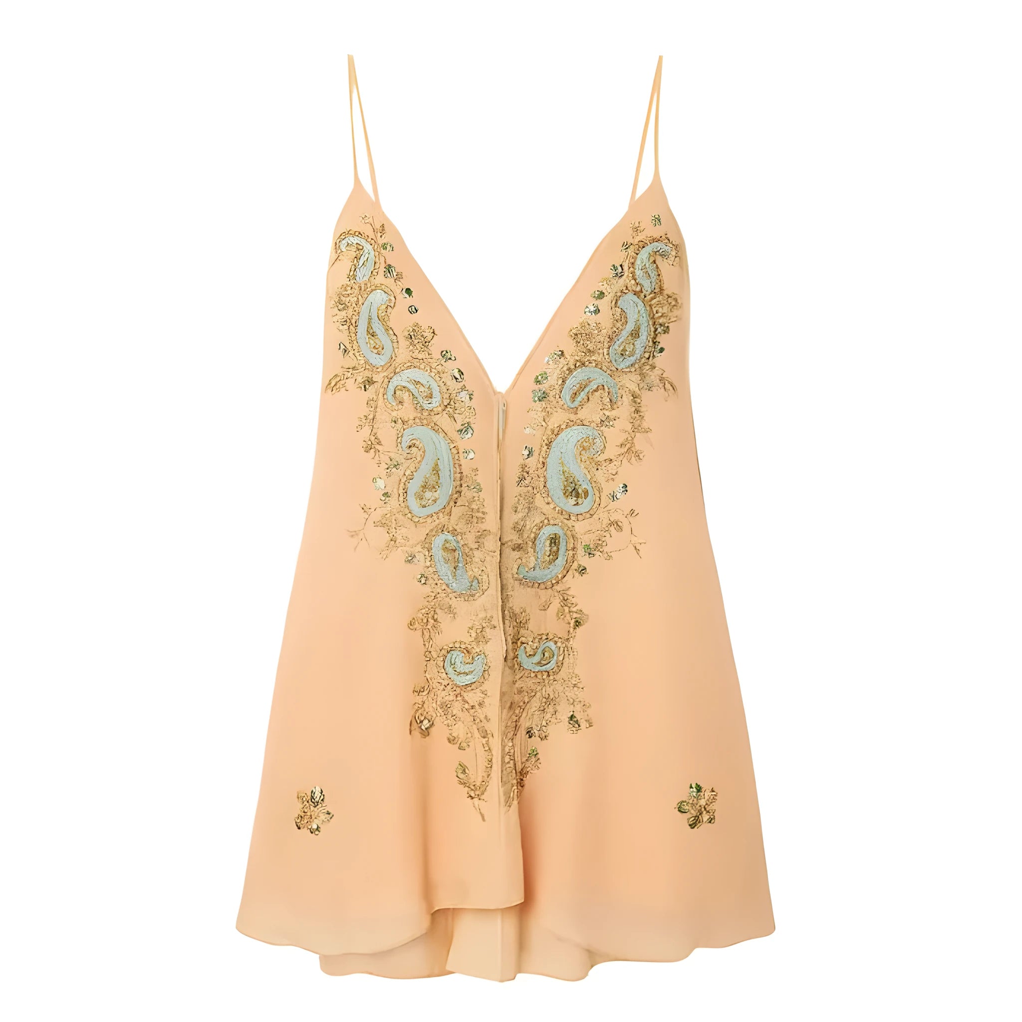 Light yellow ethnic print sling dress with V-neckline and sleeveless design