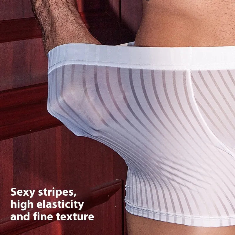 Men's striped boxer briefs in black, white, and dark grey colours showing high elasticity nylon fabric