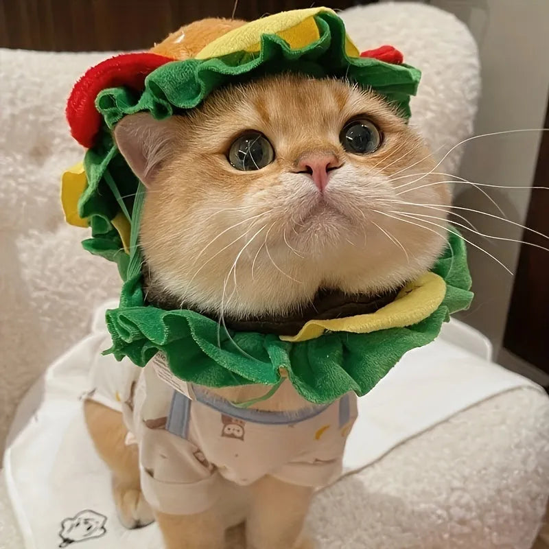 Adjustable cat burger headdress collar with lettuce, cheese, and patty felt layers on soft fabric