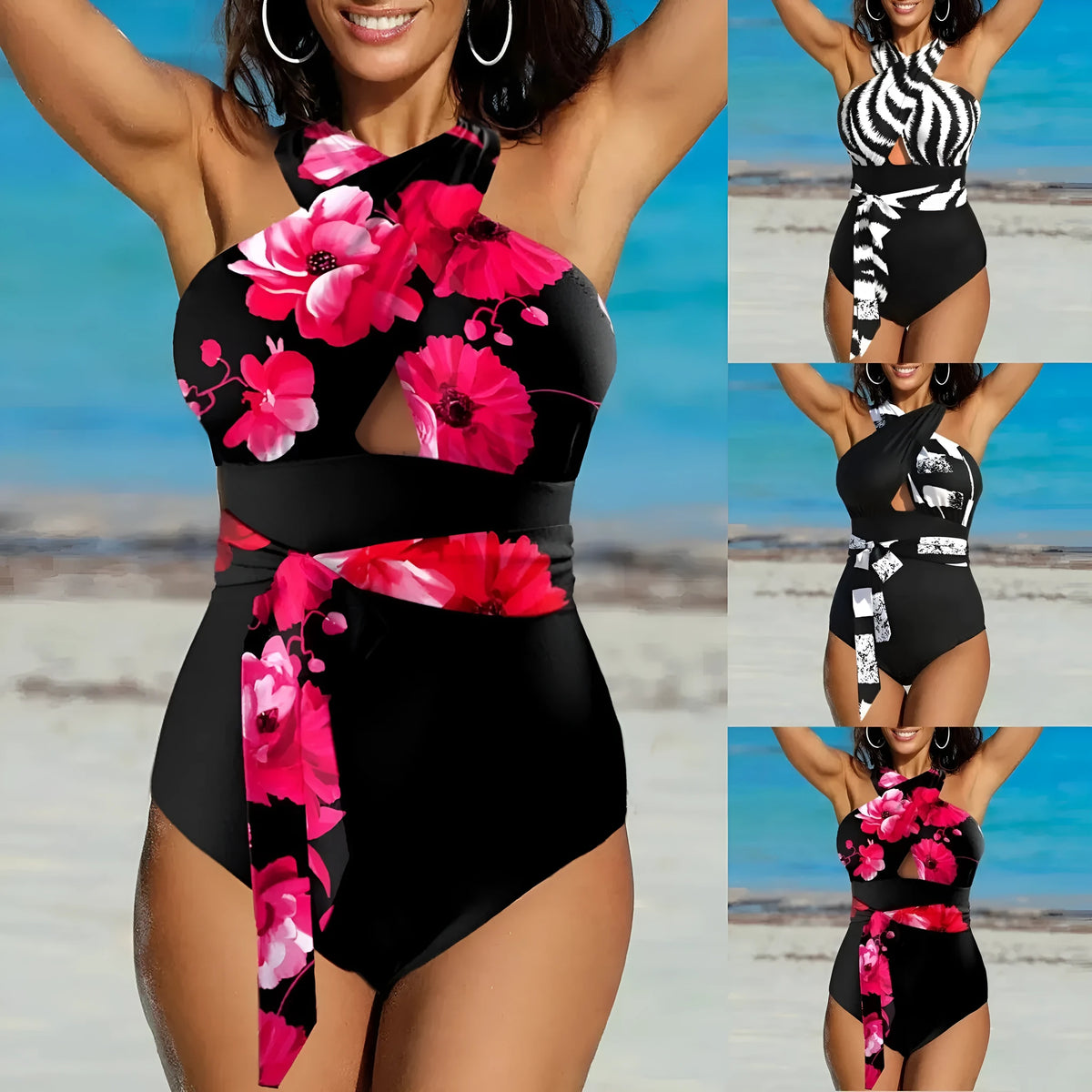 Plus size one-piece swimsuit with spaghetti straps and split detail in red flower, grid or white leopard, sizes M to XXXL