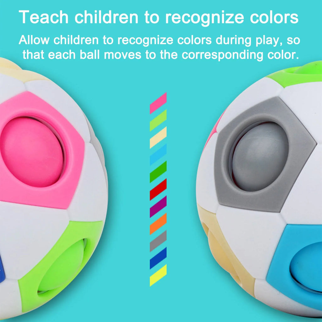 Rainbow coloured plastic ball puzzle with hexagon pattern, 5.5 cm in diameter.