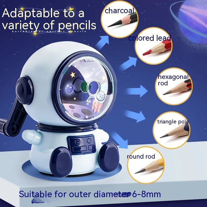 Astronaut-themed manual pencil sharpener in blue or pink with adjustable sharpening settings