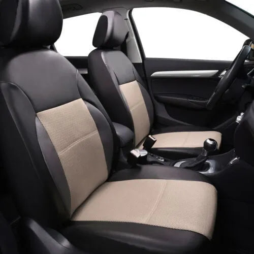 9-piece artificial leather car seat cover set showing 135cm backrest and 118cm front seat covers with installation hooks