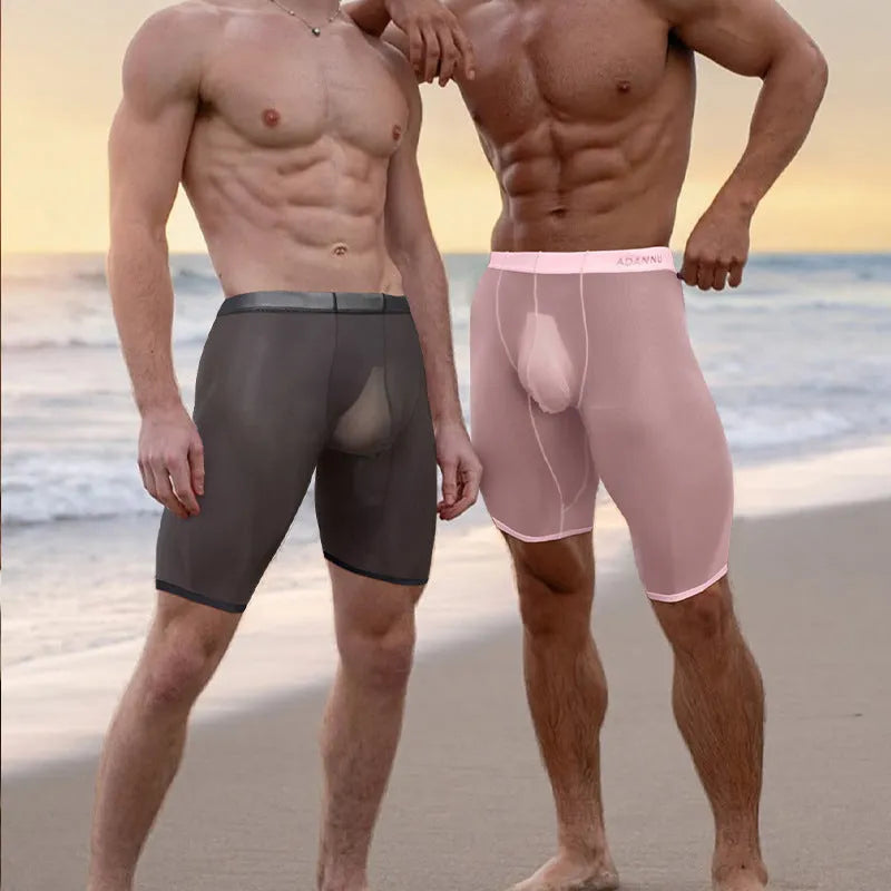 Men's black mesh home shorts with seamless design and hip-lifting function, made from knitted nylon fabric