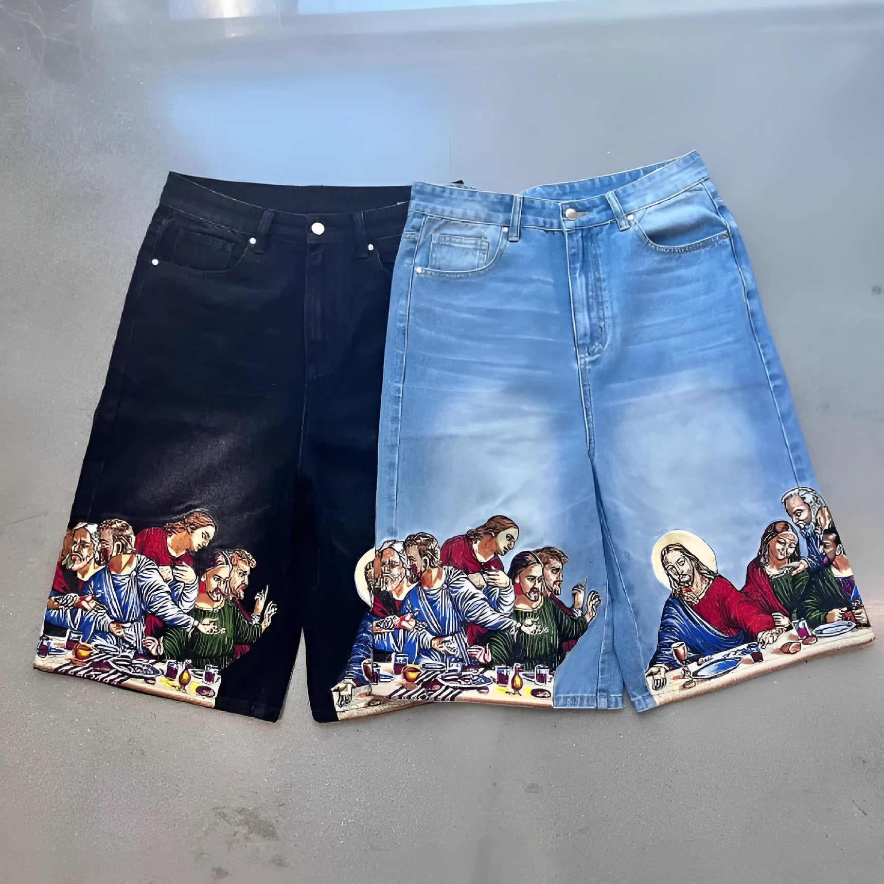 Blue men's cotton shorts with a Jesus design on the back pocket, showing tapered leg.