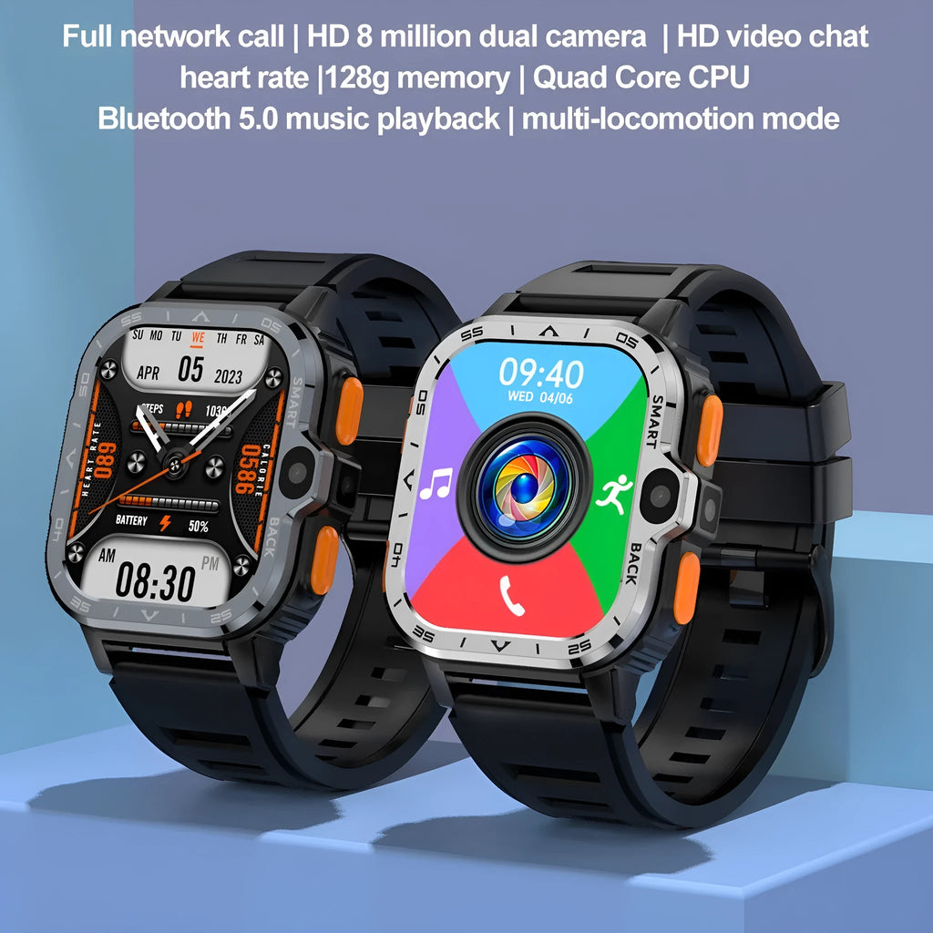 Black Android smart watch with touch screen displaying time, worn on wrist