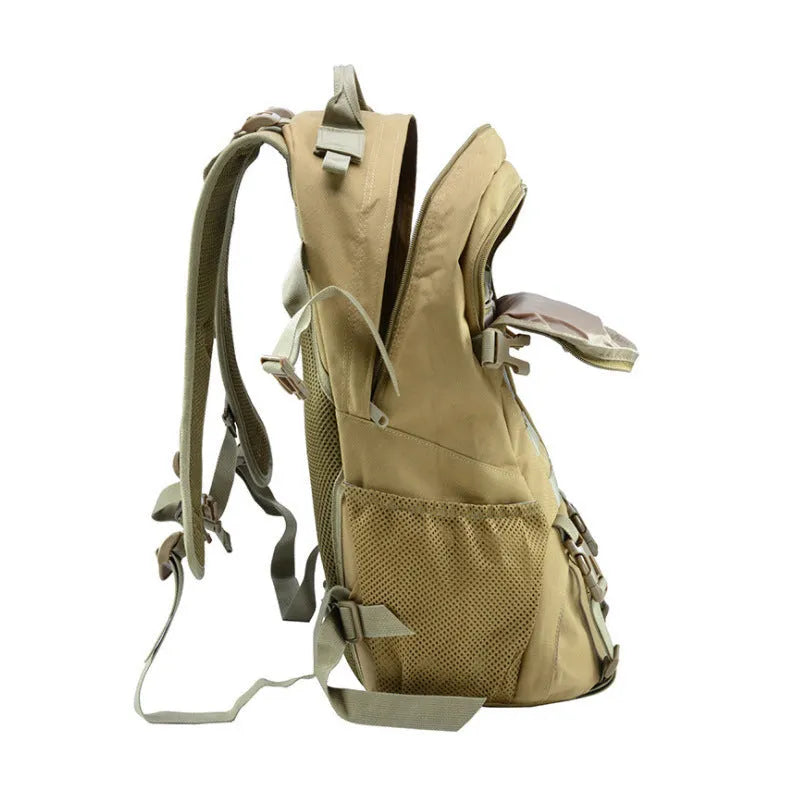 Khaki coloured Oxford cloth mountaineering backpack with an air pillow belt, shown with dimensions 49cm by 31cm.