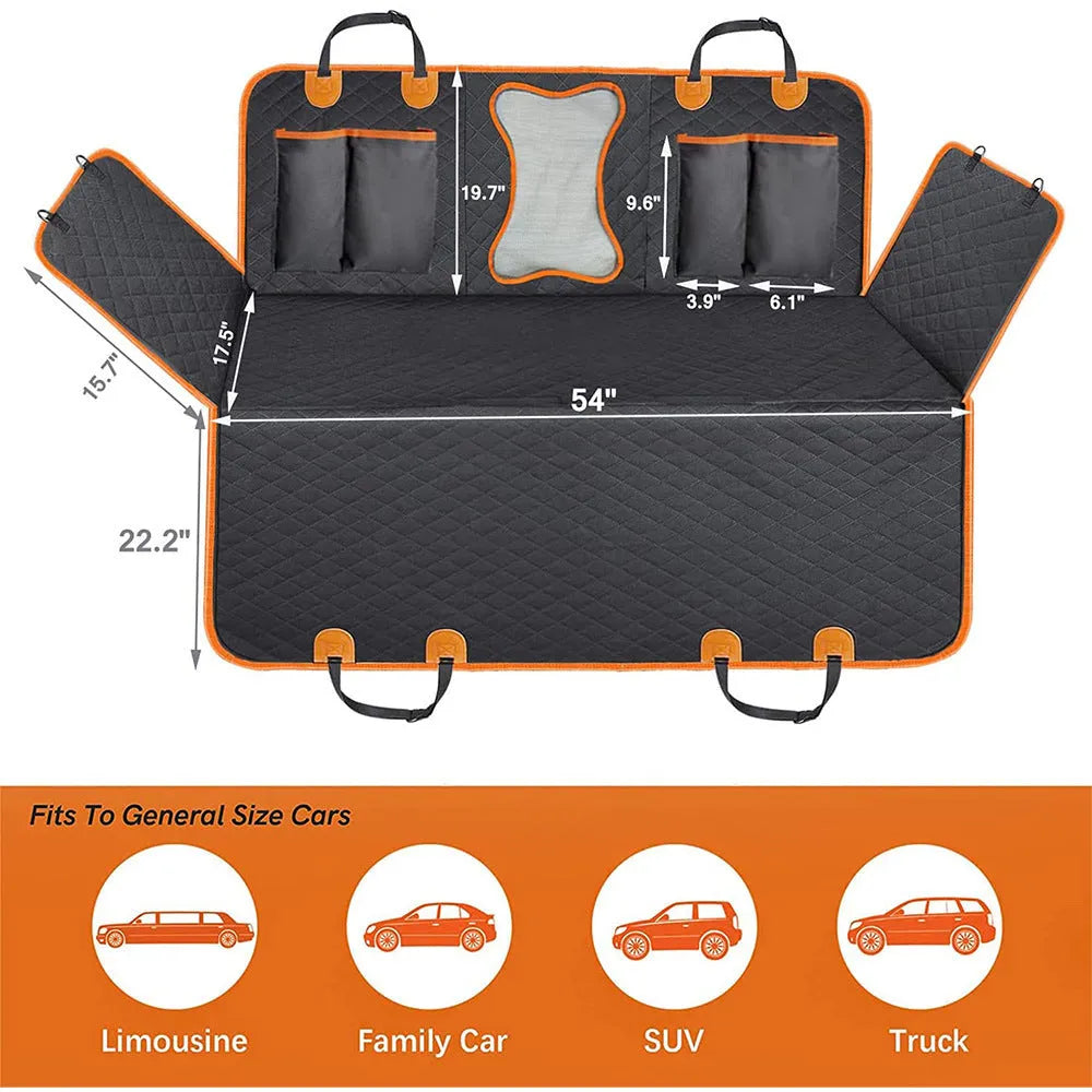 Black and orange waterproof pet car seat cover made from 600D Oxford cloth, shown on rear car seats.