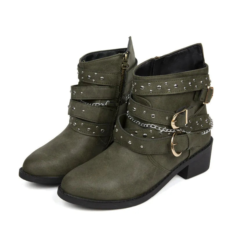 Women's punk boots with metal rivet detail, short stout heel, artificial PU upper, available in black, green, blue, dark brown.
