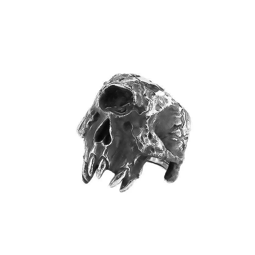 Alloy skull ring with one-eyed design and electroplated finish, shown in UK sizes 7-13 for retro punk style