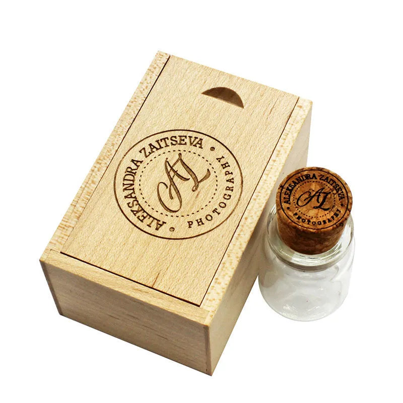 Chocolate brown wooden USB storage disk with personalised lettering, measuring 8.5cm by 5.6cm by 4.4cm