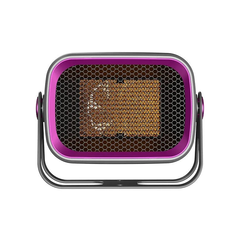 White desktop electric heater with rotatable design and push-button controls on a wooden desk