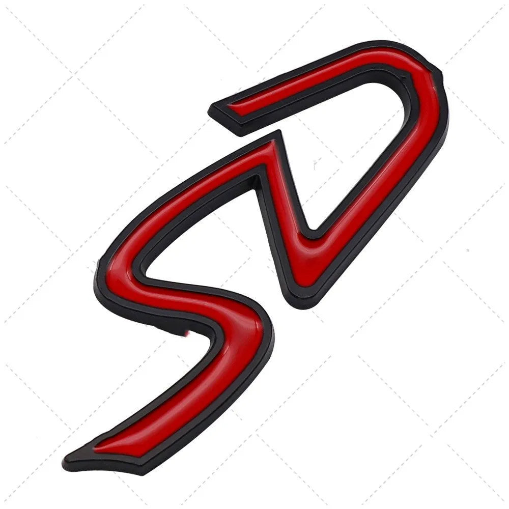 Metal car modification stickers showing SD pattern at 7.7cm and D pattern at 3.8cm in red silver colour combination