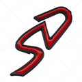 Metal car modification stickers showing SD pattern at 7.7cm and D pattern at 3.8cm in red silver colour combination