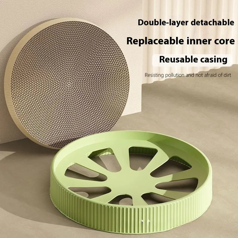 55cm round green cat scratching board with replaceable corrugated paper centre and two replacement packs