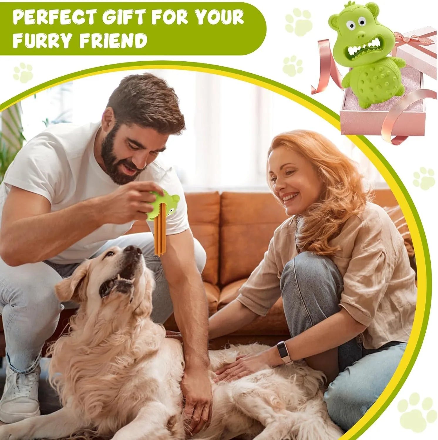 Green and yellow natural rubber squeaky dog toy for aggressive chewers with 30% thicker construction