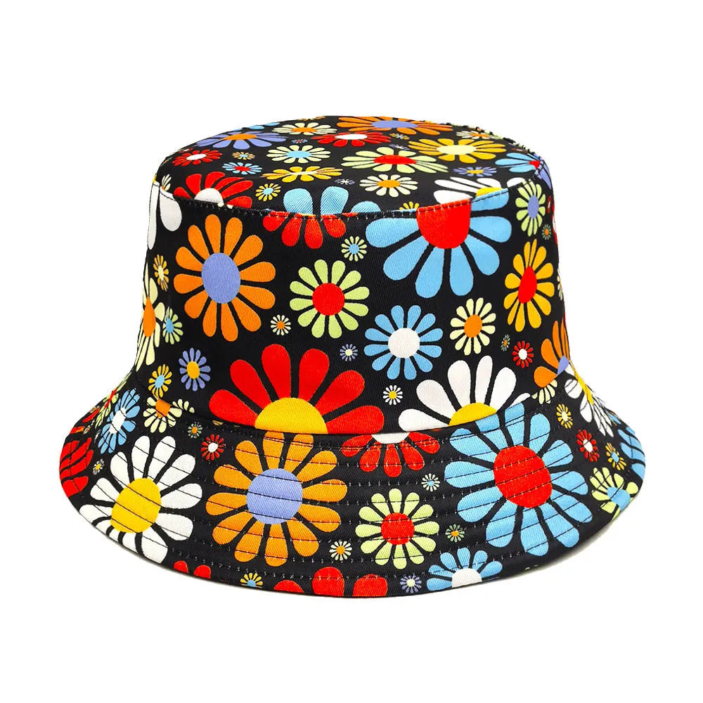Floral print polyester bucket hat with dome crown on white background