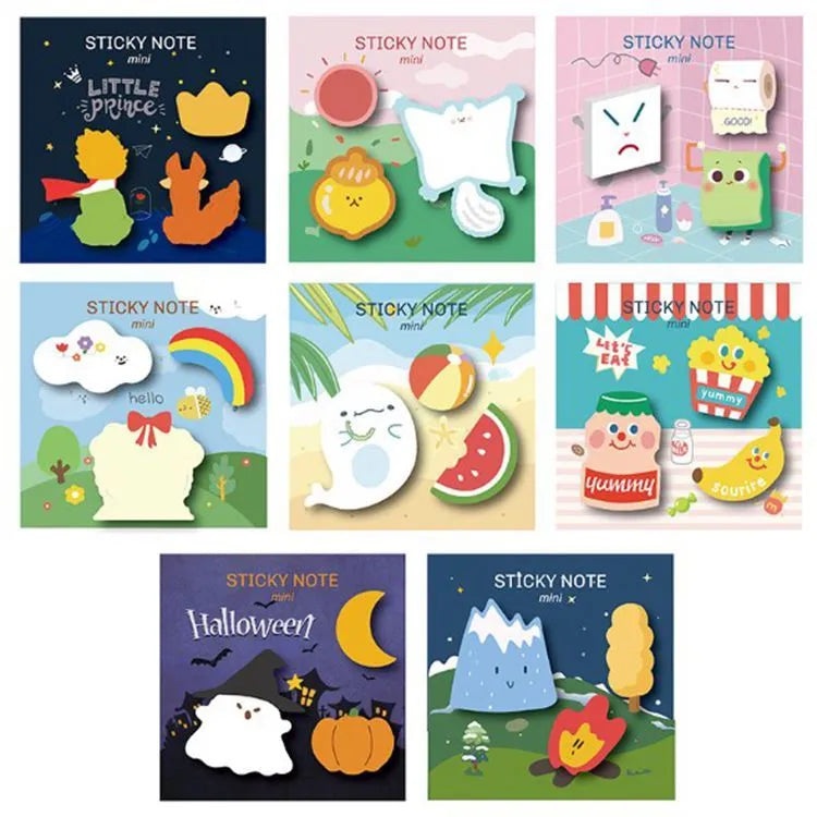 Halloween post-it notes with pumpkin patterns and trick-or-treat messages in seven colours
