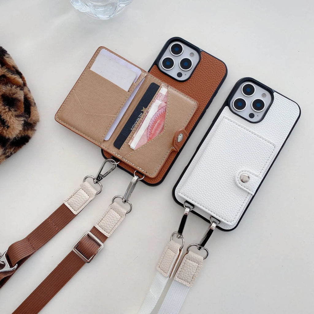 Black PC leather card holder phone case for iPhone with lanyard loop and card slots visible.