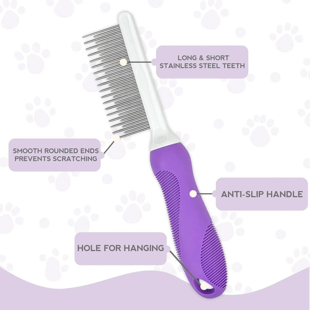 Purple detangling pet comb with stainless steel teeth for grooming dogs and cats, showing ergonomic handle