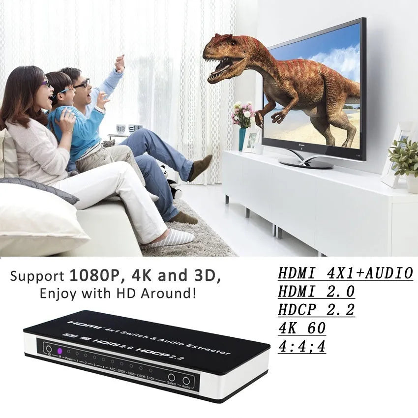 Black HDMI switch box with four input ports and one output port, shown with remote control and cable.