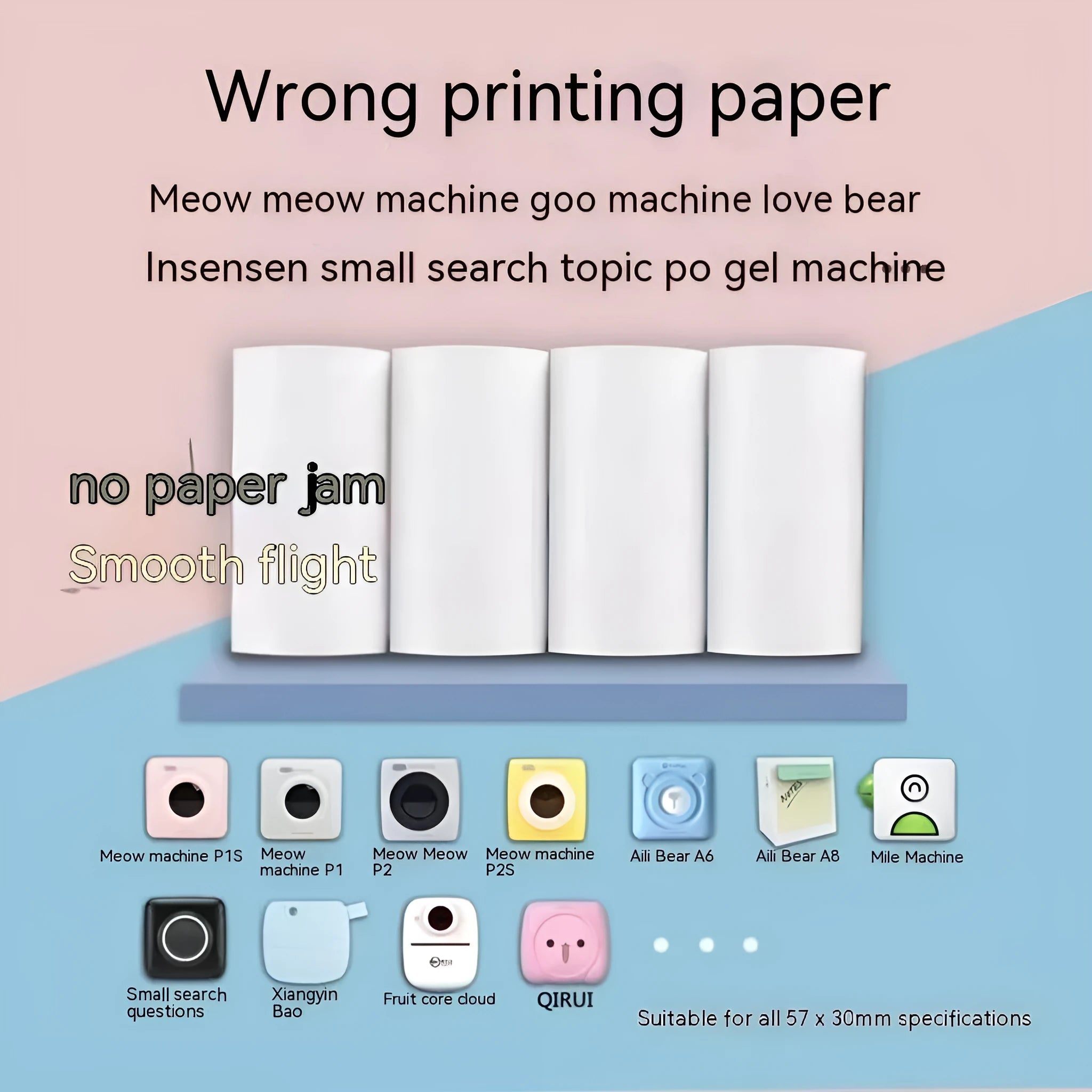 Roll of 57x30mm pink and yellow blue thermal paper for wrong question printers.