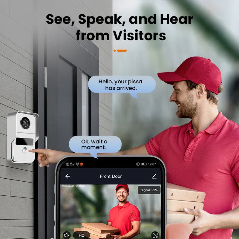 Video Intercom Doorbell 1v2 system showing 10-inch display unit and outdoor camera with installation components