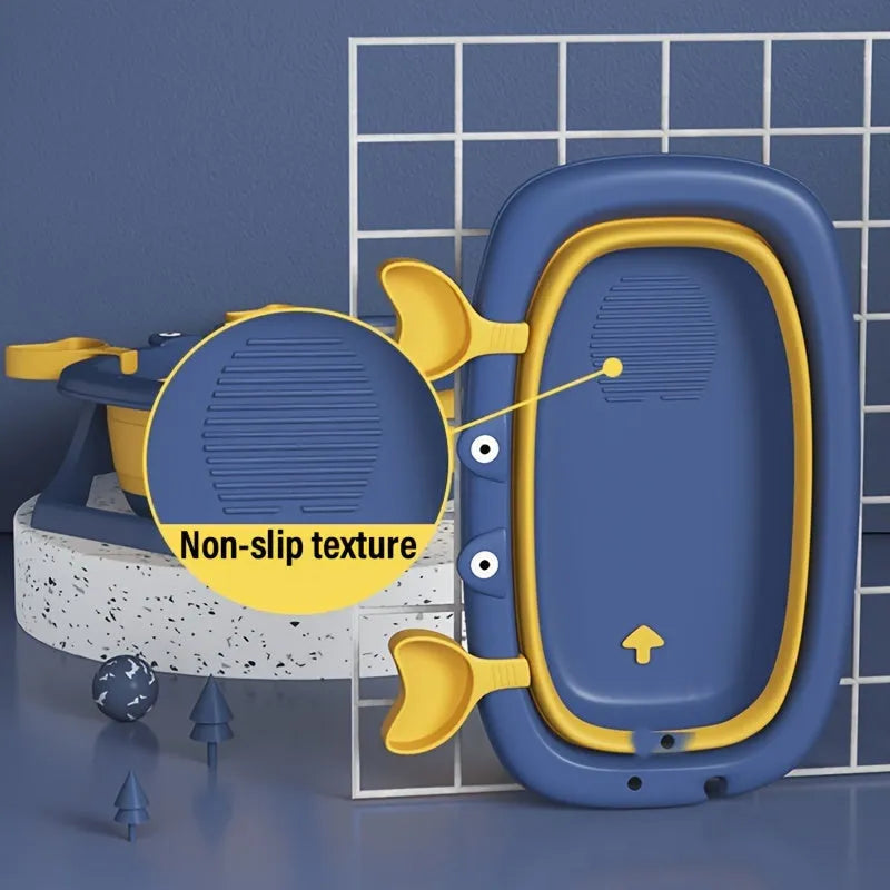 Blue foldable plastic pet bathing tub for small dogs and cats, shown in use and folded for storage.