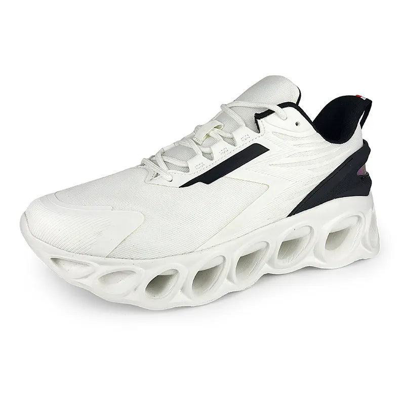 Low-top breathable trainers in dark blue with mesh upper and lace-up front, showing EVA sole and round toe design.