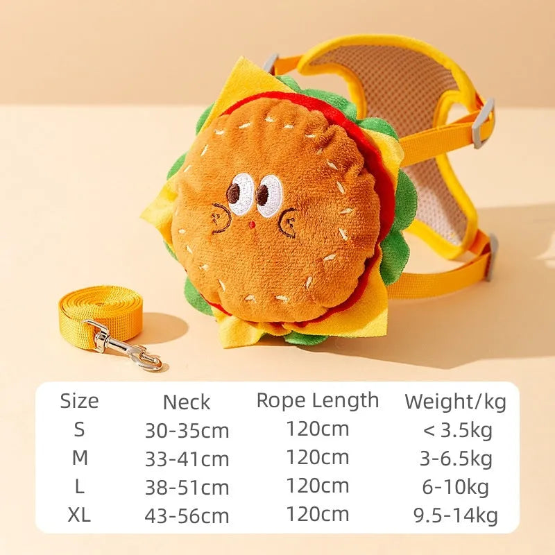 Cartoon hamburger print adjustable vest leash for a dog, showing the escape-proof design and walking rope.