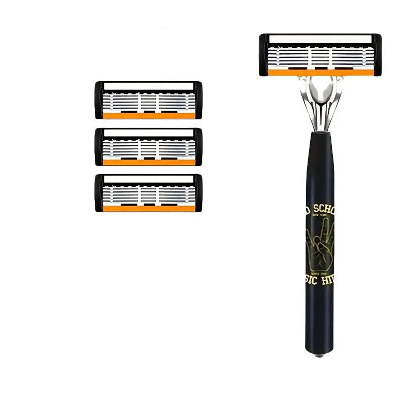 Black manual shaver handle with six-layer blade design and finger grip, showing blade holder and cutter head