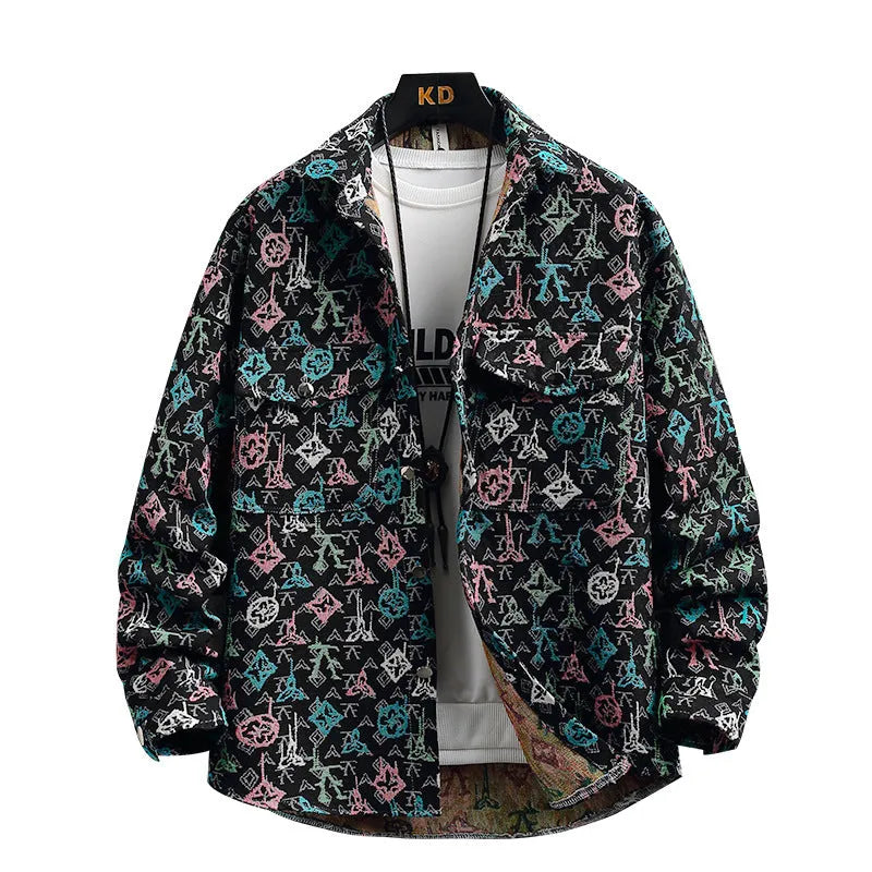 Personality casual lapel shirt coat in colour 526 black with long sleeves and straight hem, size 2XL for 70.00-77.50 kg