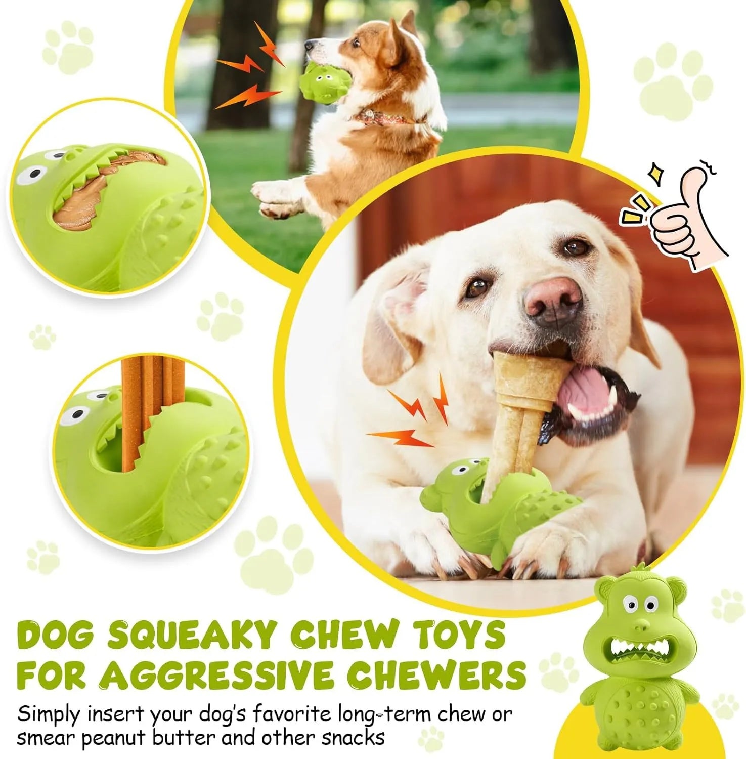 Green and yellow natural rubber squeaky dog toy for aggressive chewers with 30% thicker construction