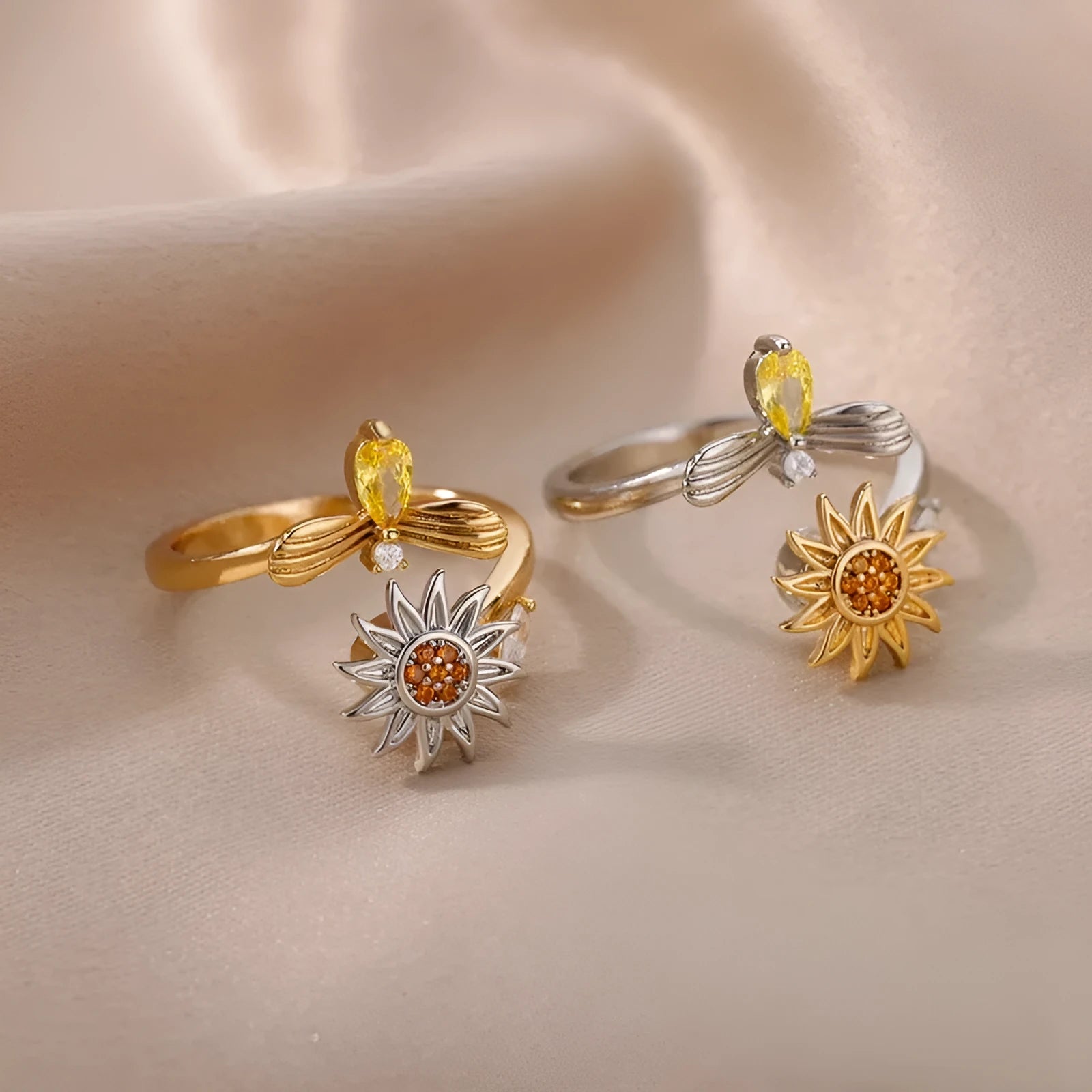 Simple geometric gold adjustable fidget ring with rotating band on a finger