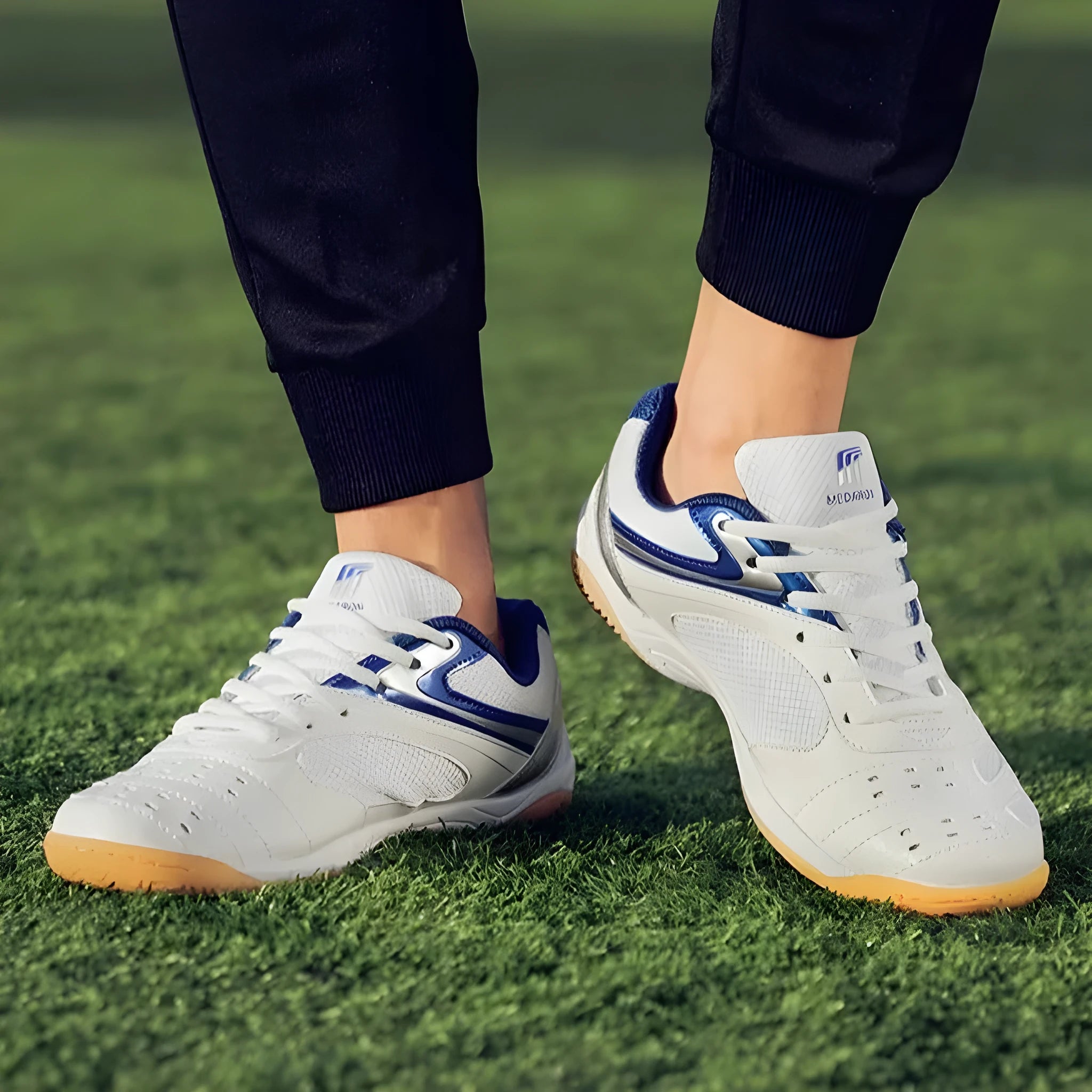 White and red table tennis sneakers with synthetic leather upper and lace-up front.