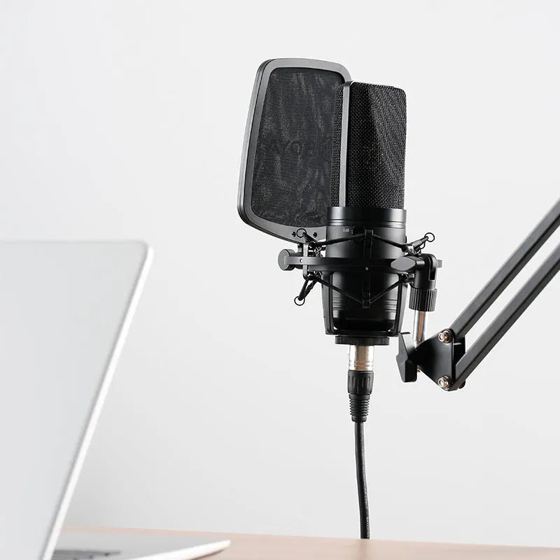 Black capacitive microphone with large diaphragm for K song, computer, mobile phone recording, and anchor use