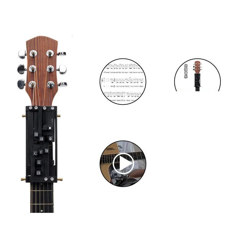 Black auxiliary chord practice device for folk guitar with double chord mechanism and automatic gear system